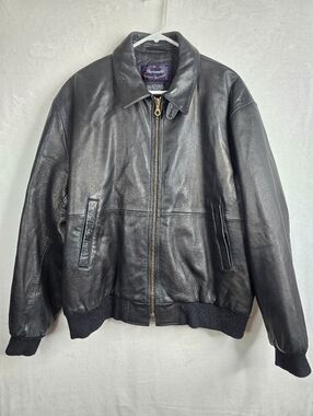 Faconnable Genuine Leather Bomber Jacket Black Full Zip Vintage Men’s Size Large